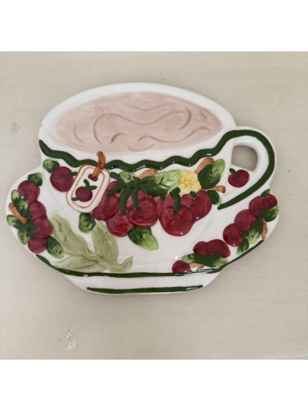 Ceramic Teacup and Cherries Decorative Accent and Wall Hanging.